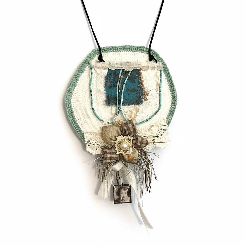 Boho Vintage Photo Charm Fiber Art Necklace